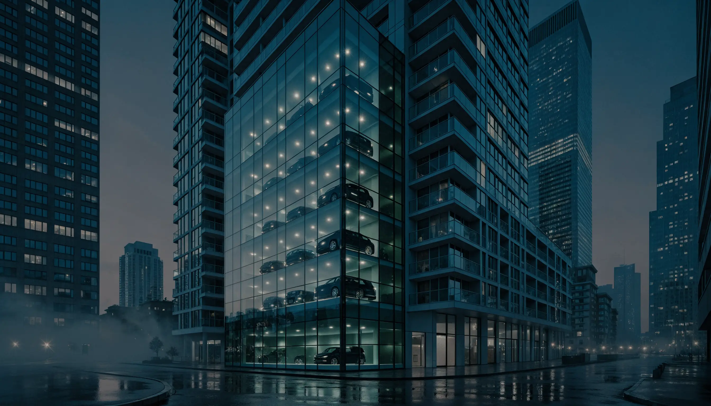 Automated parking tower integrated into a city condo development at dusk