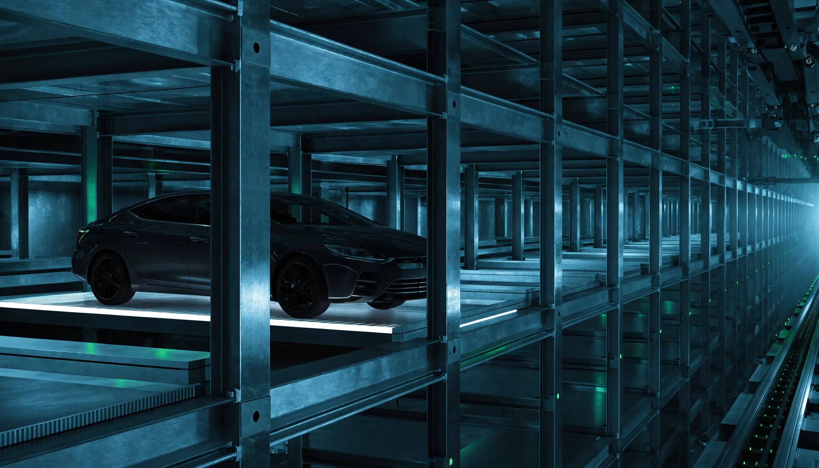 Interior of a fully automated parking structure
